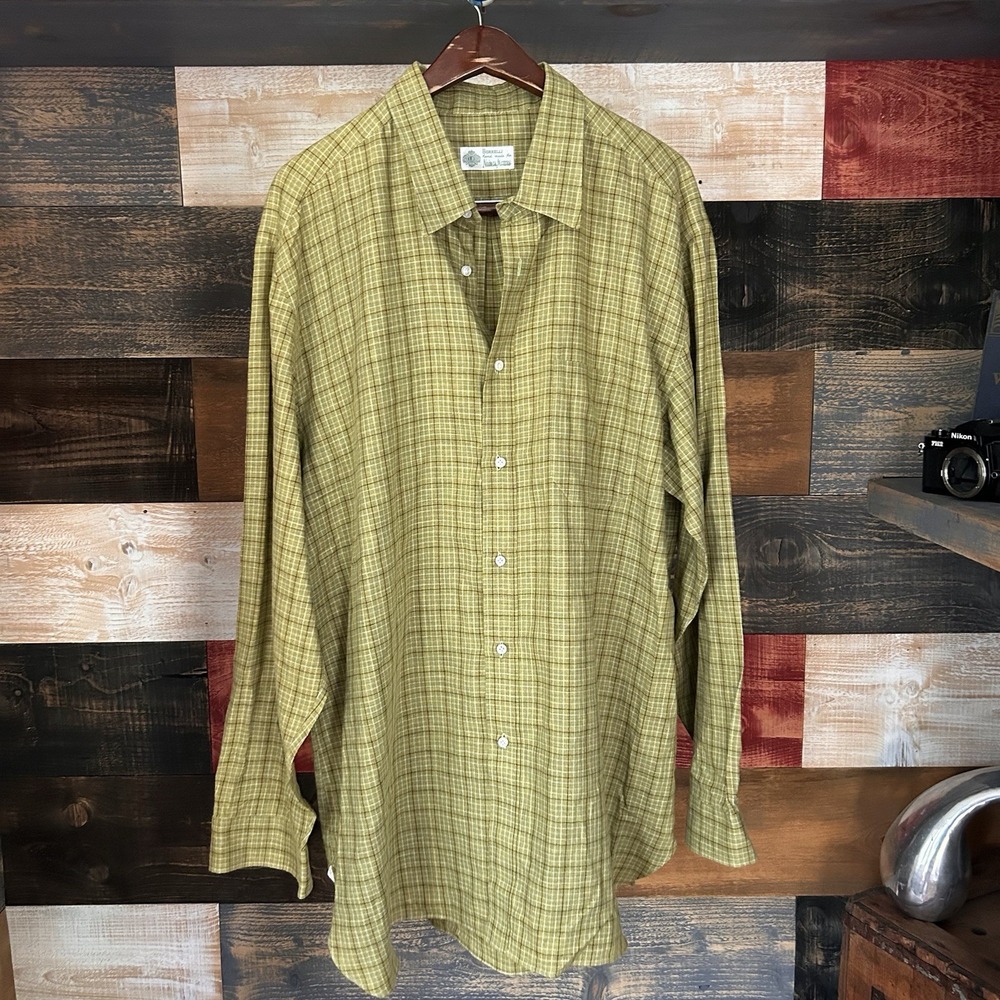 Luigi Borrelli Napoli Shirt Plaid Green Brown XXL Cotton Wool Made in Italy